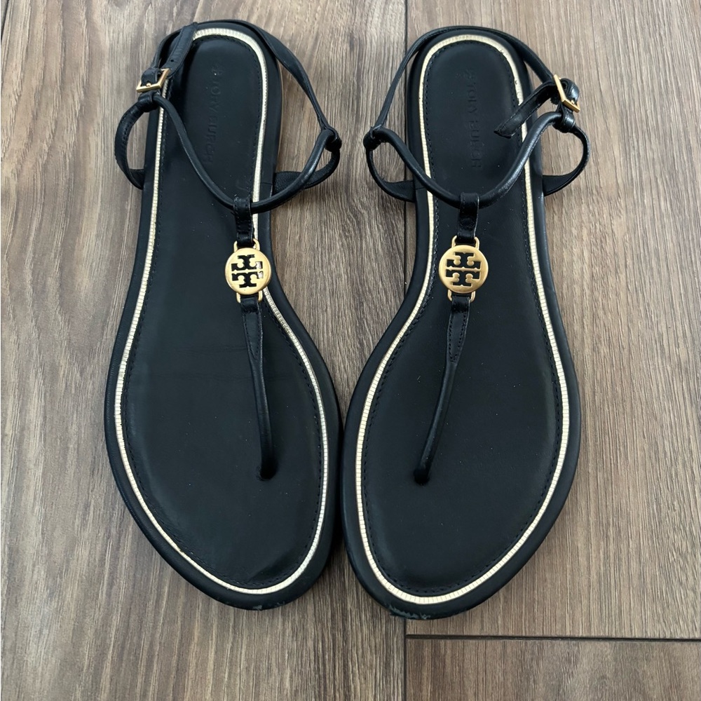 Tory Burch Emmy Flat T-Strap Sandals Black Size 9.5 - Picture 2 of 8